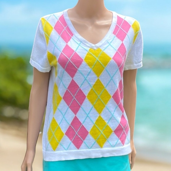 Liz Claiborne Argyle Short Sleeve Pullover V-Neck Sweater - Picture 2 of 16